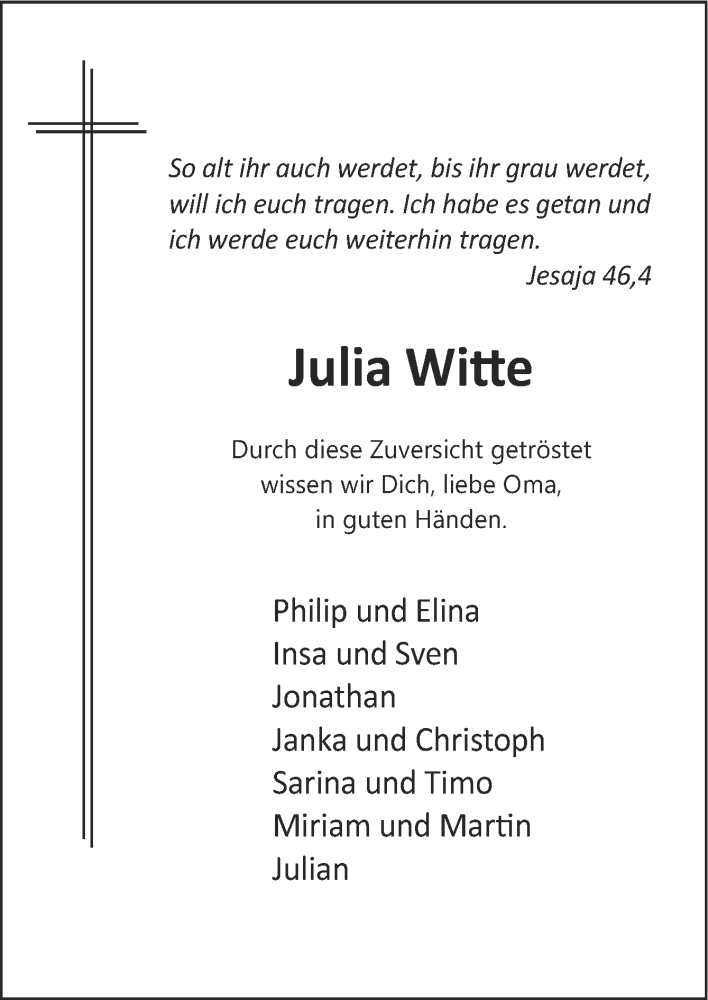  Traueranzeige für Julia Witte vom 24.07.2014 aus Neue Osnabrücker Zeitung GmbH & Co. KG