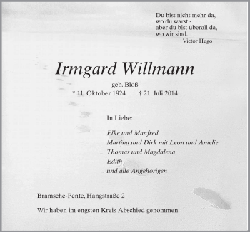 Traueranzeige von Irmgard Willmann von Neue Osnabrücker Zeitung GmbH & Co. KG