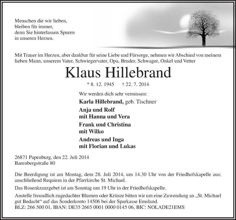  Traueranzeige für Klaus Hillebrand vom 25.07.2014 aus Neue Osnabrücker Zeitung GmbH & Co. KG