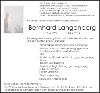 Traueranzeige von Bernhard Langenberg von Neue Osnabrücker Zeitung GmbH & Co. KG