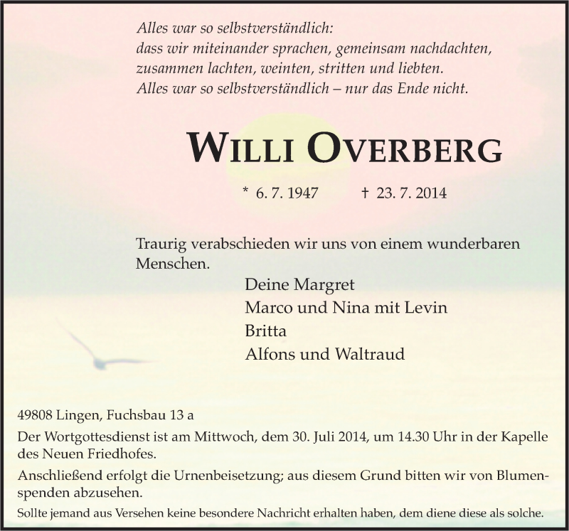  Traueranzeige für Willi Overberg vom 26.07.2014 aus Neue Osnabrücker Zeitung GmbH & Co. KG