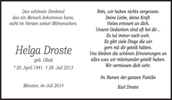 Traueranzeige von Helga Droste von Neue Osnabrücker Zeitung GmbH & Co. KG