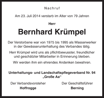 Traueranzeige von Bernhard Krümpel von Neue Osnabrücker Zeitung GmbH & Co. KG