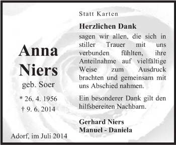 Traueranzeige von Anna Niers von Neue Osnabrücker Zeitung GmbH & Co. KG