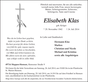 Traueranzeige von Elisabeth Klas von Neue Osnabrücker Zeitung GmbH & Co. KG