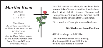 Traueranzeige von Martha Koop von Neue Osnabrücker Zeitung GmbH & Co. KG