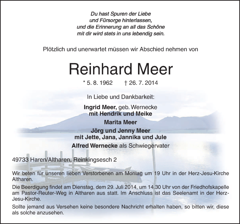  Traueranzeige für Reinhard Meer vom 28.07.2014 aus Neue Osnabrücker Zeitung GmbH & Co. KG