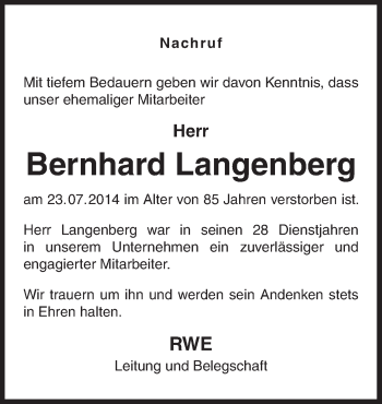 Traueranzeige von Bernhard Langenberg von Neue Osnabrücker Zeitung GmbH & Co. KG