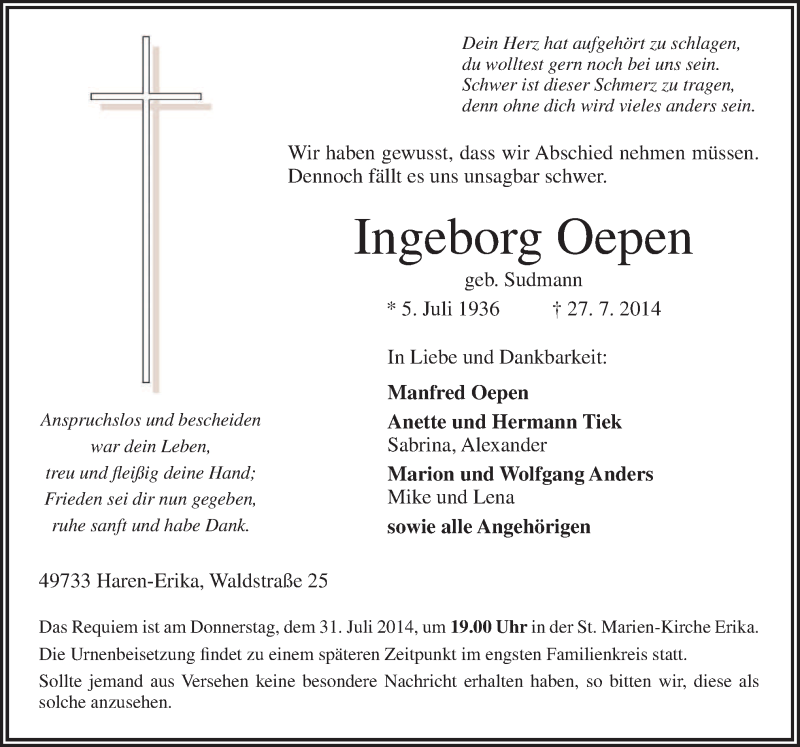  Traueranzeige für Ingeborg Oepen vom 29.07.2014 aus Neue Osnabrücker Zeitung GmbH & Co. KG