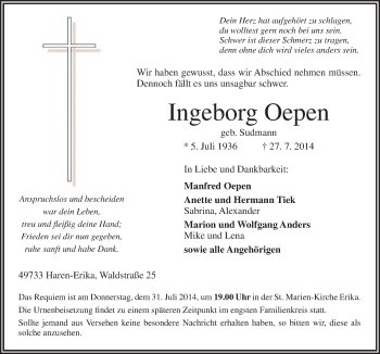 Traueranzeige von Ingeborg Oepen von Neue Osnabrücker Zeitung GmbH & Co. KG