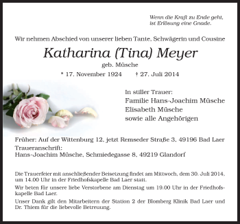 Traueranzeige von Katharina Meyer von Neue Osnabrücker Zeitung GmbH & Co. KG