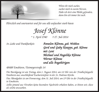 Traueranzeige von Josef Klönne von Neue Osnabrücker Zeitung GmbH & Co. KG