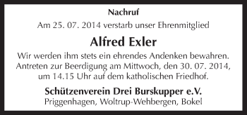 Traueranzeige von Alfred Exler von Neue Osnabrücker Zeitung GmbH & Co. KG