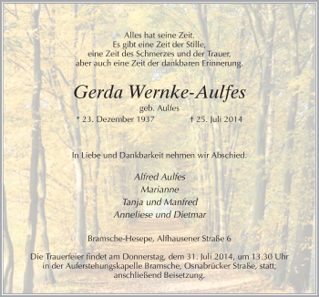 Traueranzeige von Gerda Wernke-Aulfes von Neue Osnabrücker Zeitung GmbH & Co. KG