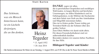 Traueranzeige von Heinz Tegeder von Neue Osnabrücker Zeitung GmbH & Co. KG