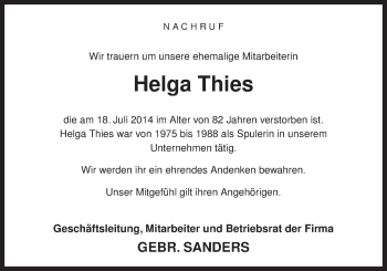 Traueranzeige von Helga Thies von Neue Osnabrücker Zeitung GmbH & Co. KG