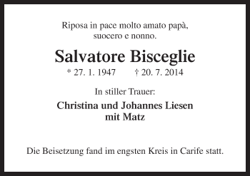 Traueranzeige von Salvatore Bisceglie von Neue Osnabrücker Zeitung GmbH & Co. KG