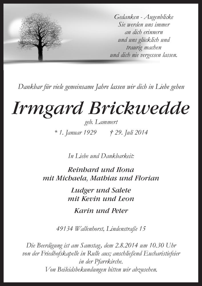  Traueranzeige für Irmgard  Brickwedde vom 31.07.2014 aus Neue Osnabrücker Zeitung GmbH & Co. KG