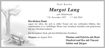 Traueranzeige von Margot Lang von Neue Osnabrücker Zeitung GmbH & Co. KG