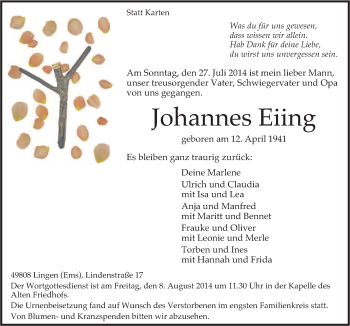 Traueranzeige von Jahoannes Eiing von Neue Osnabrücker Zeitung GmbH & Co. KG