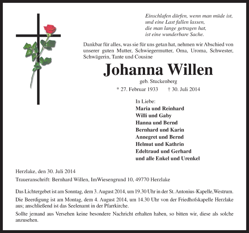  Traueranzeige für Johanna Willen vom 01.08.2014 aus Neue Osnabrücker Zeitung GmbH & Co. KG