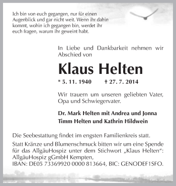 Traueranzeige von Klaus Helten von Neue Osnabrücker Zeitung GmbH & Co. KG