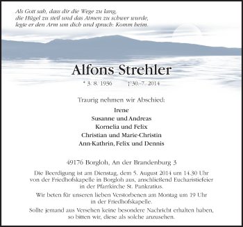 Traueranzeige von Alfons Strehler von Neue Osnabrücker Zeitung GmbH & Co. KG