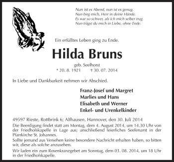 Traueranzeige von Hilda Bruns von Neue Osnabrücker Zeitung GmbH & Co. KG