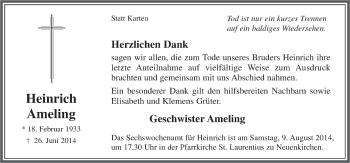 Traueranzeige von Heinrich Ameling von Neue Osnabrücker Zeitung GmbH & Co. KG