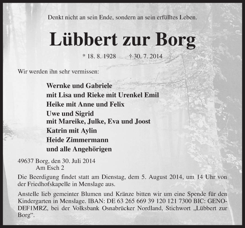  Traueranzeige für Lübbert  zur Borg vom 02.08.2014 aus Neue Osnabrücker Zeitung GmbH & Co. KG