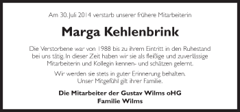 Traueranzeige von Marga Kehlenbrink von Neue Osnabrücker Zeitung GmbH & Co. KG