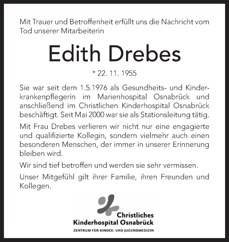  Traueranzeige für Edith Drebes vom 11.08.2014 aus Neue Osnabrücker Zeitung GmbH & Co. KG