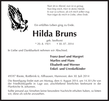 Traueranzeige von Hilda Bruns von Neue Osnabrücker Zeitung GmbH & Co. KG