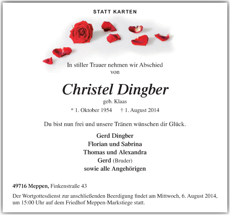  Traueranzeige für Christel Dingber vom 04.08.2014 aus Neue Osnabrücker Zeitung GmbH & Co. KG