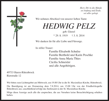 Traueranzeige von Hedwig Pelz von Neue Osnabrücker Zeitung GmbH & Co. KG