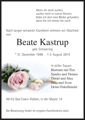 Traueranzeige von Beate Kastrup von Neue Osnabrücker Zeitung GmbH & Co. KG