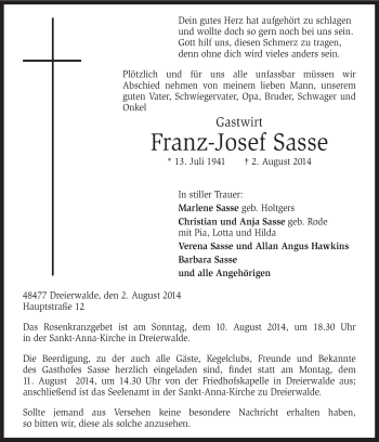 Traueranzeige von Franz-Josef Sasse von Neue Osnabrücker Zeitung GmbH & Co. KG