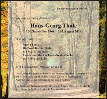 Traueranzeige von Hans-Georg Thale von Neue Osnabrücker Zeitung GmbH & Co. KG