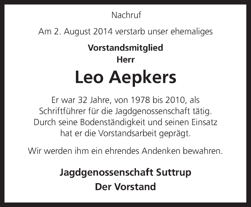  Traueranzeige für Leo Aepkers vom 06.08.2014 aus Neue Osnabrücker Zeitung GmbH & Co. KG