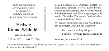 Traueranzeige von Hedwig Kanne-Schludde von Neue Osnabrücker Zeitung GmbH & Co. KG