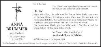 Traueranzeige von Anna Brümmer von Neue Osnabrücker Zeitung GmbH & Co. KG