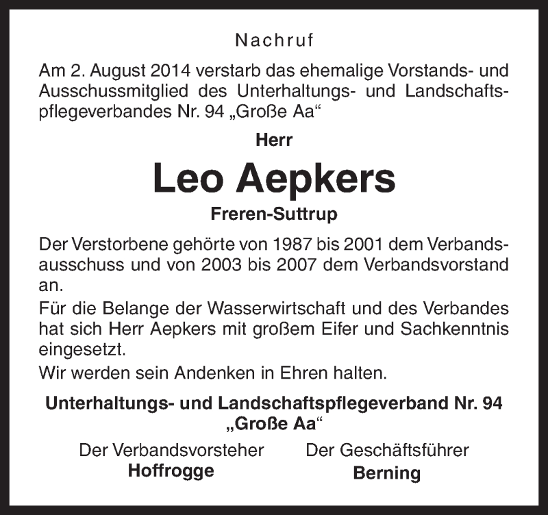  Traueranzeige für Leo Aepkers vom 06.08.2014 aus Neue Osnabrücker Zeitung GmbH & Co. KG