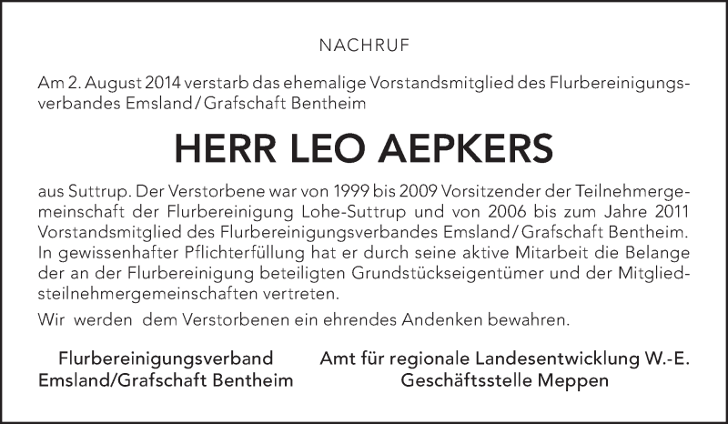  Traueranzeige für Leo Aepkers vom 06.08.2014 aus Neue Osnabrücker Zeitung GmbH & Co. KG