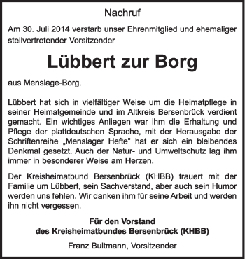Traueranzeige von Lübbert  zur Borg von Neue Osnabrücker Zeitung GmbH & Co. KG