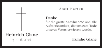 Traueranzeige von Heinrich Glane von Neue Osnabrücker Zeitung GmbH & Co. KG