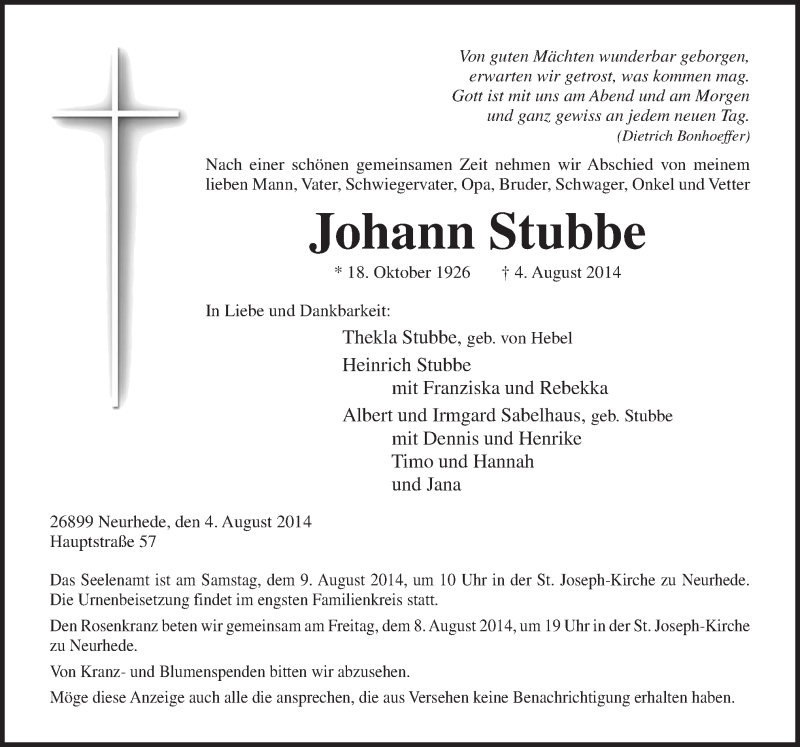  Traueranzeige für Johann Stubbe vom 06.08.2014 aus Neue Osnabrücker Zeitung GmbH & Co. KG