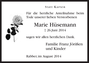 Traueranzeige von Marie Hüsemann von Neue Osnabrücker Zeitung GmbH & Co. KG