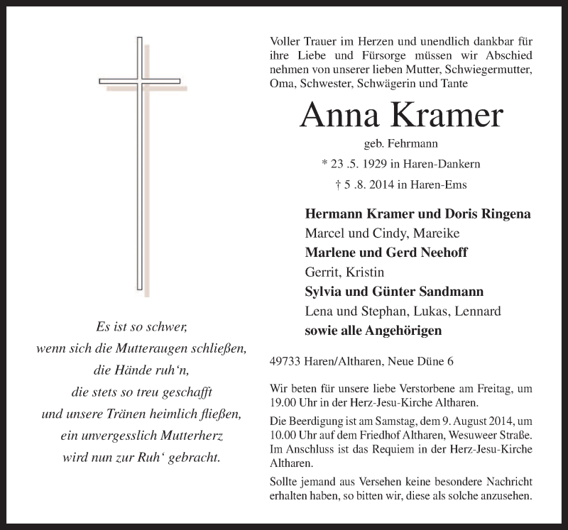  Traueranzeige für Anna Kramer vom 07.08.2014 aus Neue Osnabrücker Zeitung GmbH & Co. KG