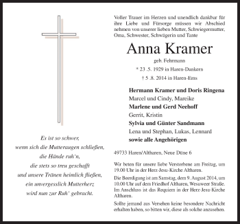 Traueranzeige von Anna Kramer von Neue Osnabrücker Zeitung GmbH & Co. KG