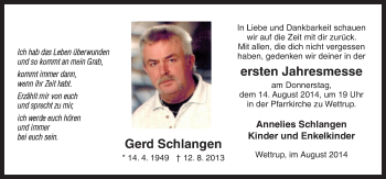 Traueranzeige von Gerd Schlangen von Neue Osnabrücker Zeitung GmbH & Co. KG